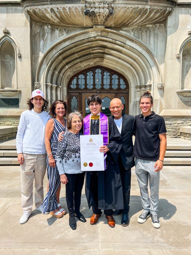 Demo and his family at his convocation on June 19, 2023. (From left) brother Leo, mom Tracy, yia-yia (grandmother) Voula, Demo, dad Bill and brother Mateo. (Bottom) Demo on campus in 2023